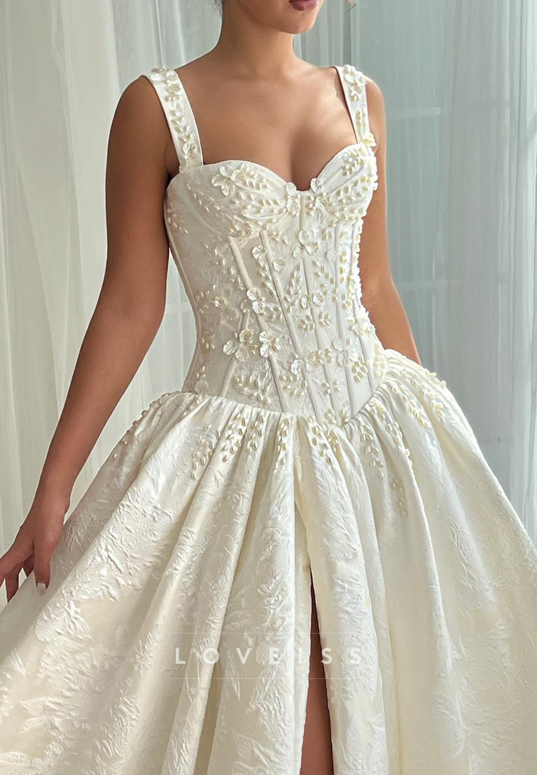 Sweetheart Straps Floral  Printed Pearl Satin A-Line Wedding Dress