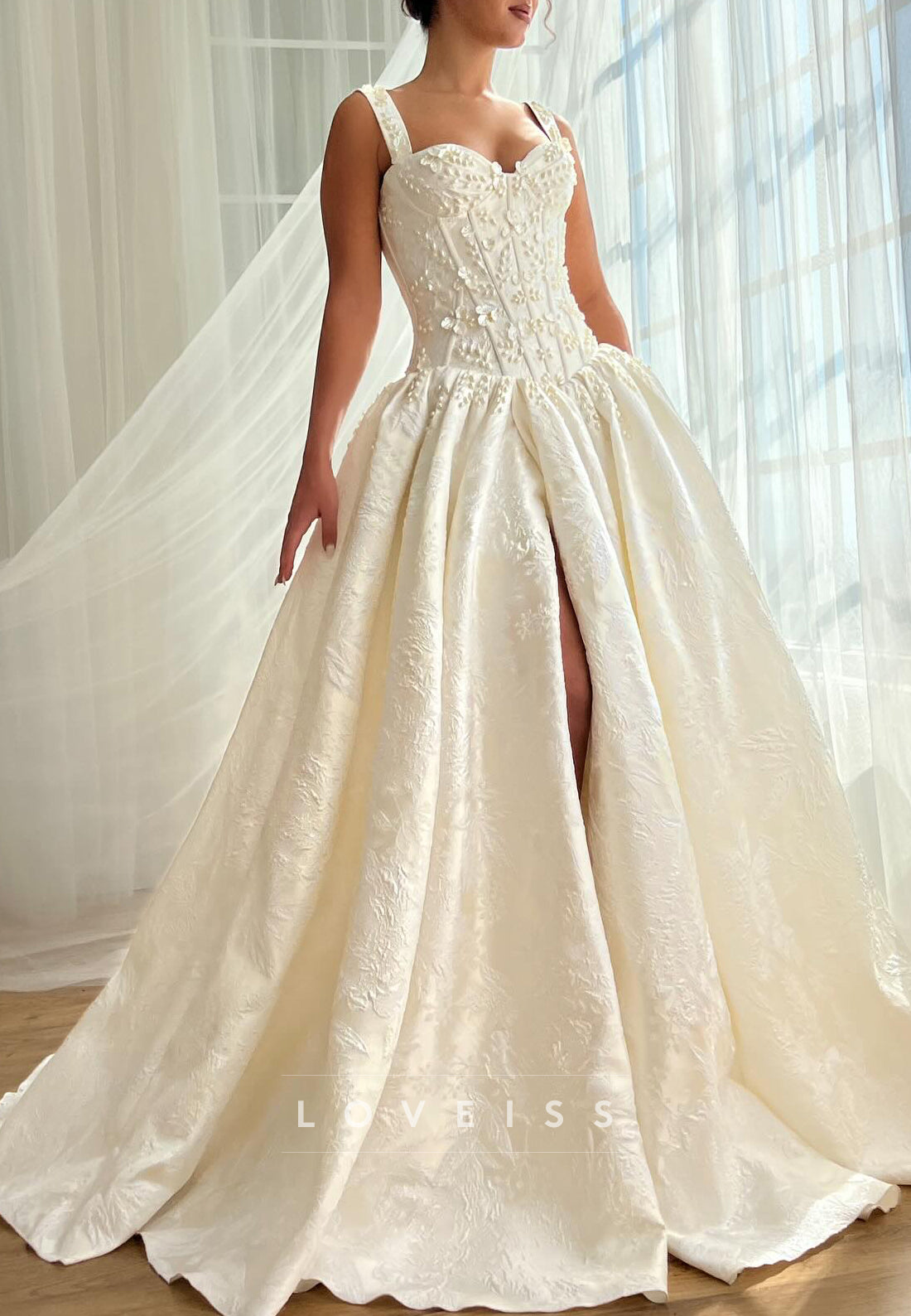 Sweetheart Straps Floral  Printed Pearl Satin A-Line Wedding Dress