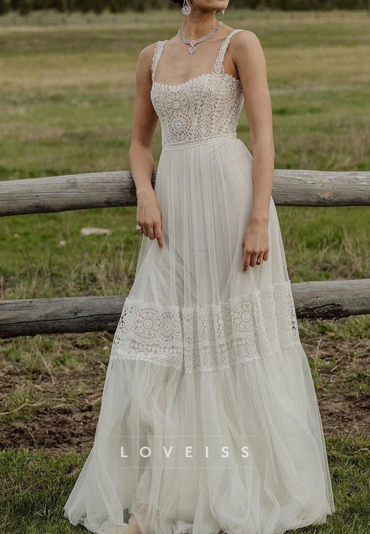 Sweetheart Straps Lace Appliques A-Line Boho Wedding Dress