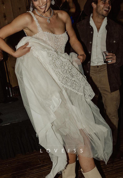 Sweetheart Straps Lace Appliques A-Line Boho Wedding Dress