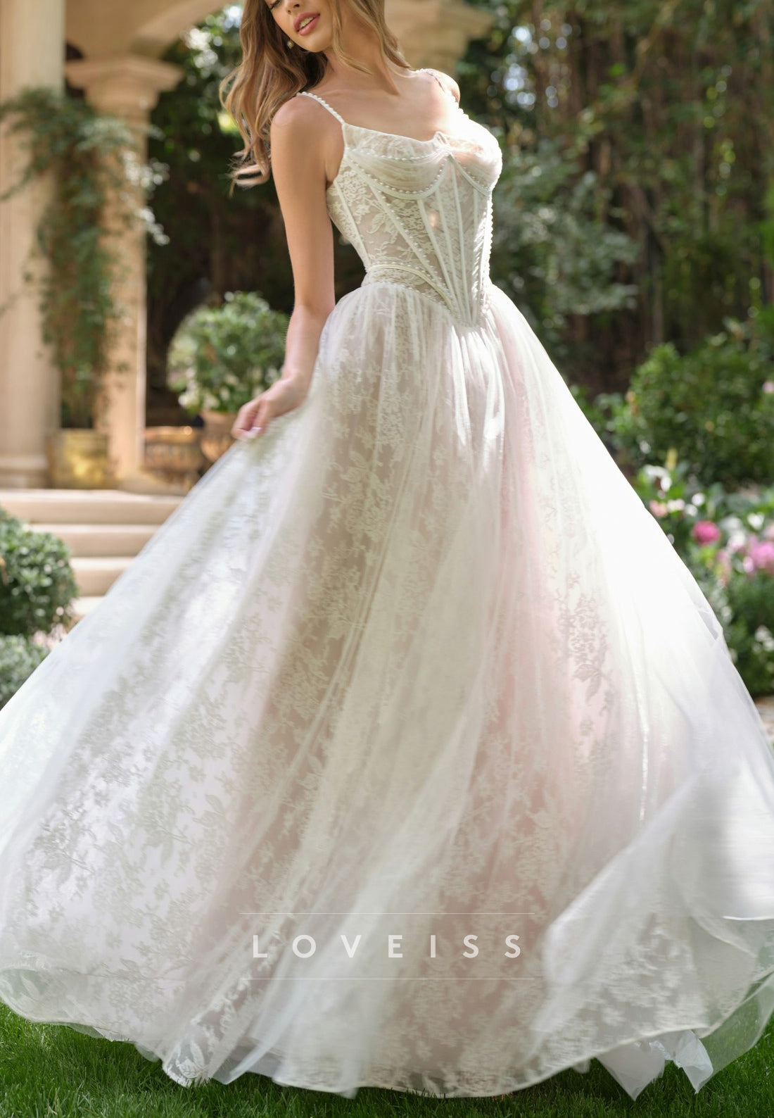 Sweetheart Straps Pearl Lace Appliques A-Line Wedding Dress