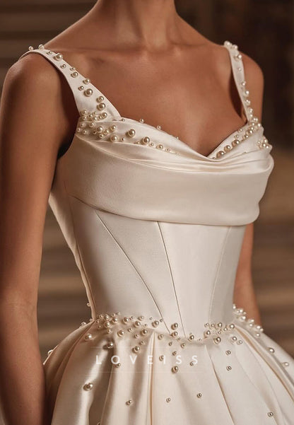 Sweetheart Straps Pearl Satin Pleated A-Line Wedding Dress