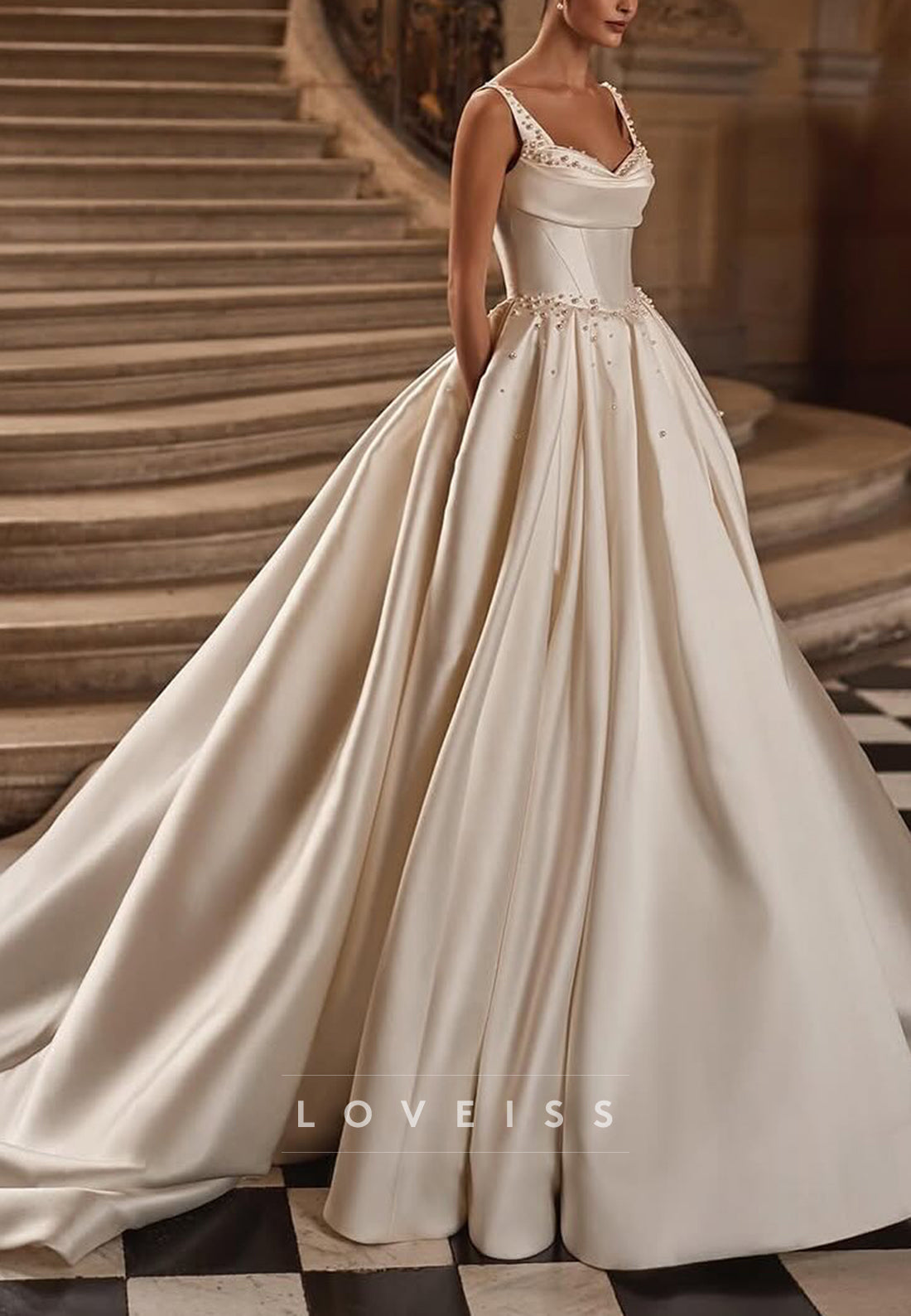Sweetheart Straps Pearl Satin Pleated A-Line Wedding Dress