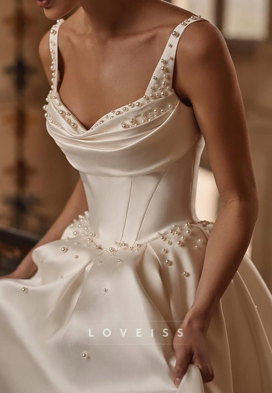 Sweetheart Straps Pearl Satin Pleated A-Line Wedding Dress