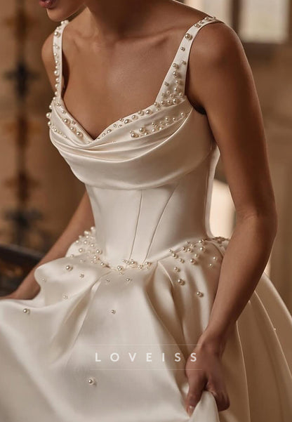 Sweetheart Straps Pearl Satin Pleated A-Line Wedding Dress