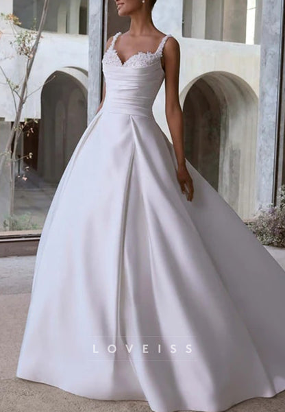 Sweetheart Straps Pleated Appliques A-Line Satin Wedding Dress