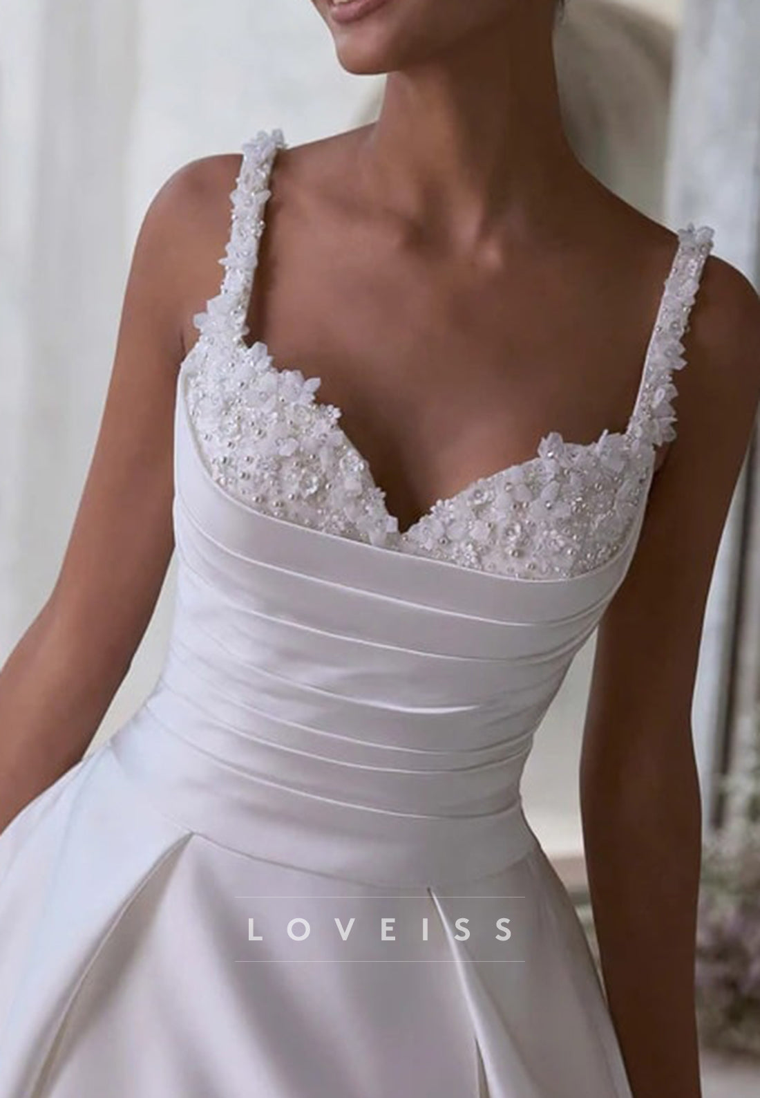 Sweetheart Straps Pleated Appliques A-Line Satin Wedding Dress