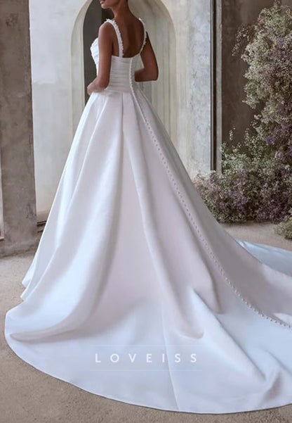 Sweetheart Straps Pleated Appliques A-Line Satin Wedding Dress