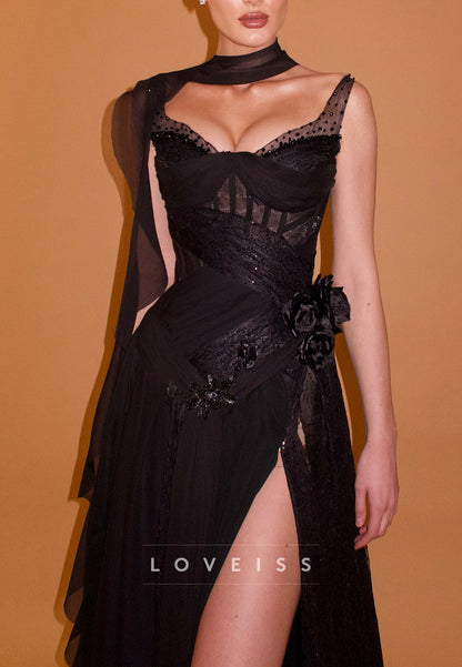 Sweetheart Straps Pleated Floral Embellished A-Line Prom Dress