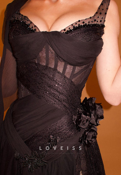 Sweetheart Straps Pleated Floral Embellished A-Line Prom Dress