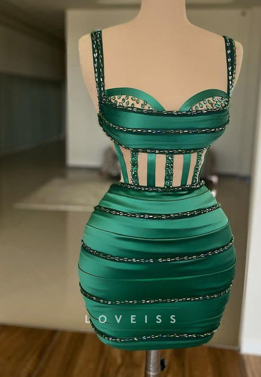 Sweetheart Straps Pleated Sheath Party Homecoming Dress with Beading