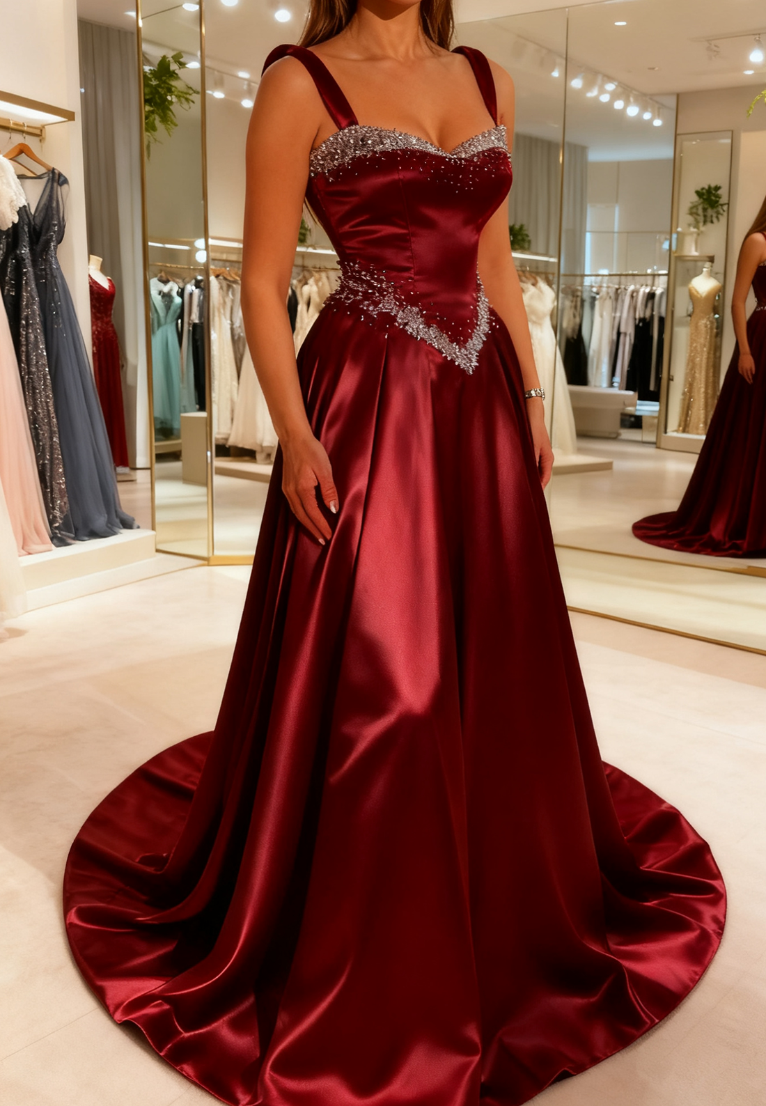 Sweetheart Straps Satin Beaded A-Line Prom Dress