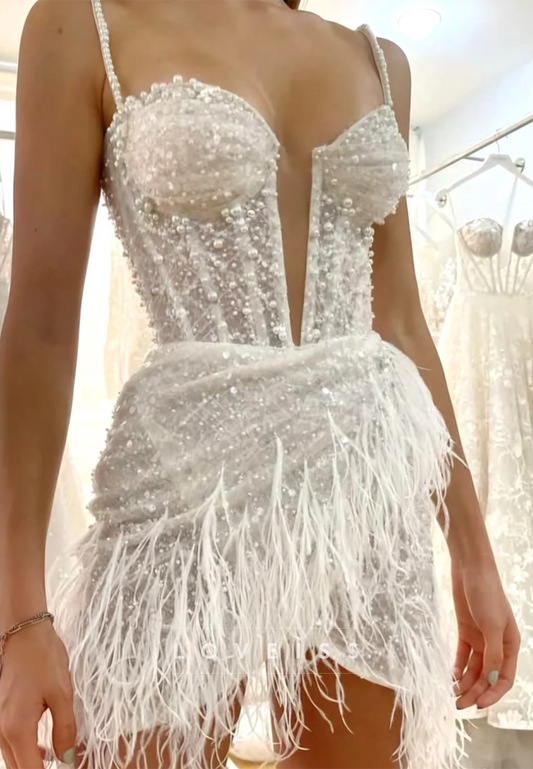 Sweetheart Straps Sequins Feathered Beaded Sheath Party Homecoming Dress