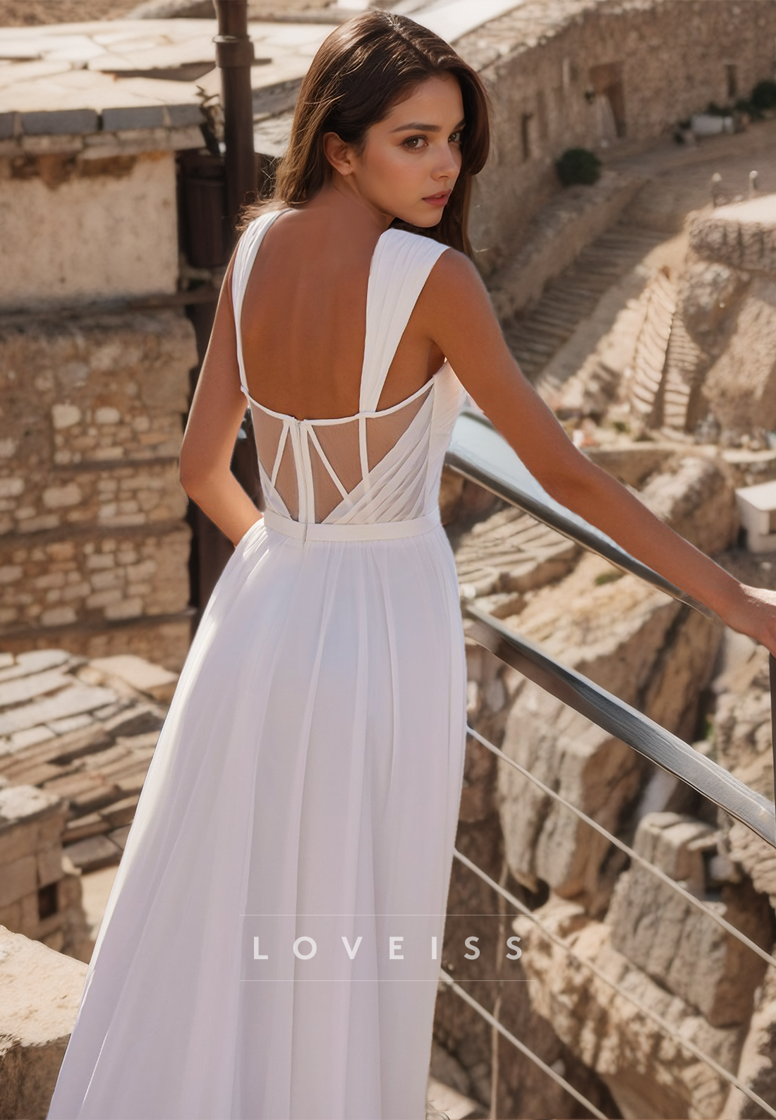 Sweetheart Straps Sleeveless Pleated Side Slit A-Line Beach Wedding Dress