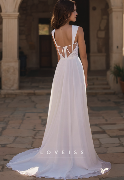 Sweetheart Straps Sleeveless Pleated Side Slit A-Line Beach Wedding Dress