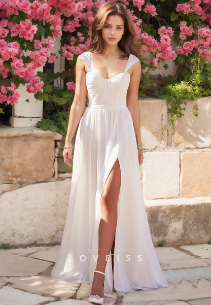 Sweetheart Straps Sleeveless Pleated Side Slit A-Line Beach Wedding Dress