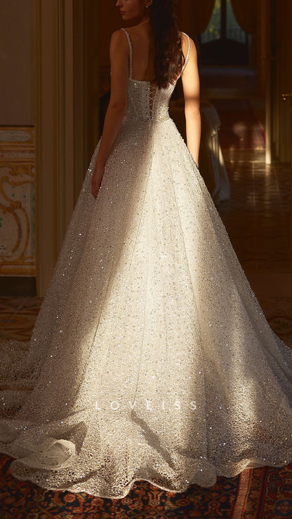 Sweetheart Straps Beaded Embroidery Sparkly A-Line Wedding Dress