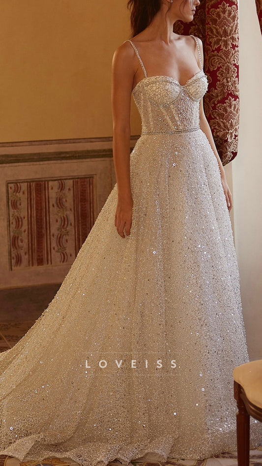 Sweetheart Straps Beaded Embroidery Sparkly A-Line Wedding Dress