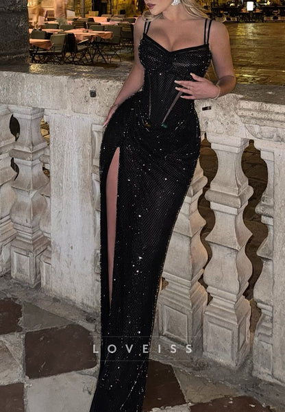 Sweetheart Straps Sparkly Sheath Black Prom Dress