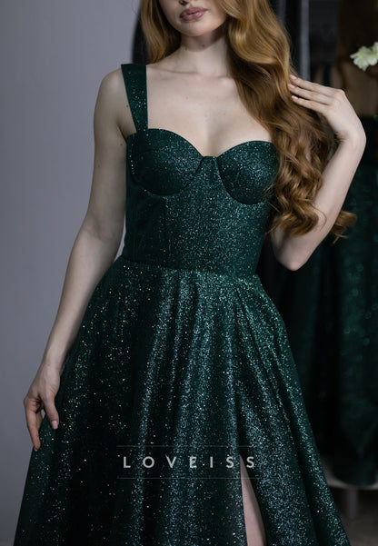 Sweetheart Straps Sparkly Side Slit A-Line Prom Dress