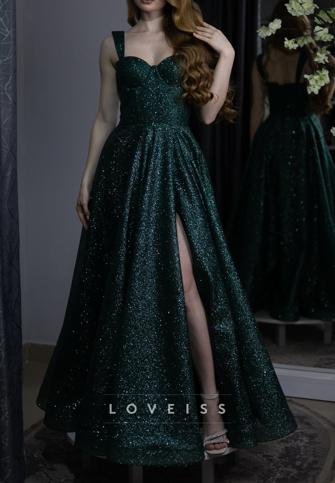 Sweetheart Straps Sparkly Side Slit A-Line Prom Dress