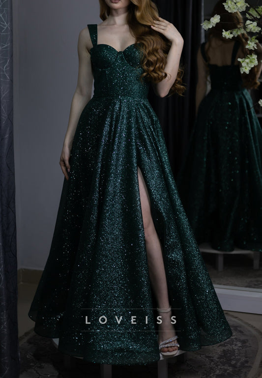 Sweetheart Straps Sparkly Side Slit A-Line Prom Dress