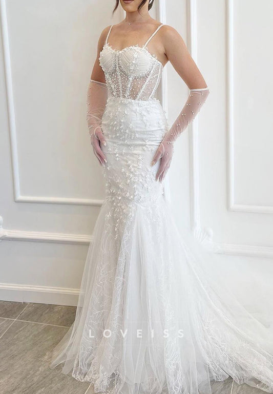 Sweetheart Straps Tulle Appliques Beaded Mermaid Wedding Dress