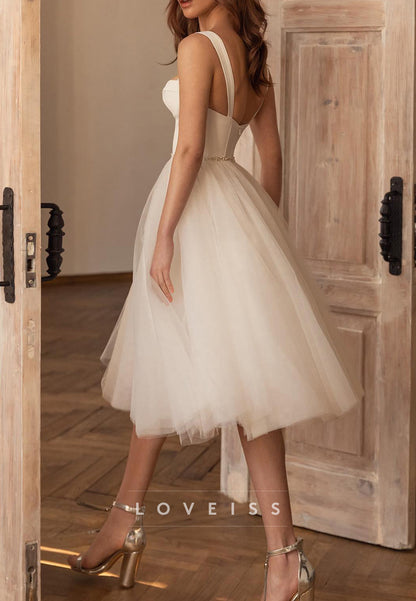 Sweetheart Straps Tulle Pleated A-Line Midi Wedding Dress