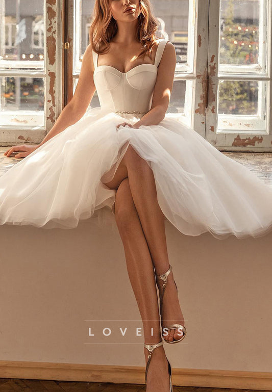 Sweetheart Straps Tulle Pleated A-Line Midi Wedding Dress