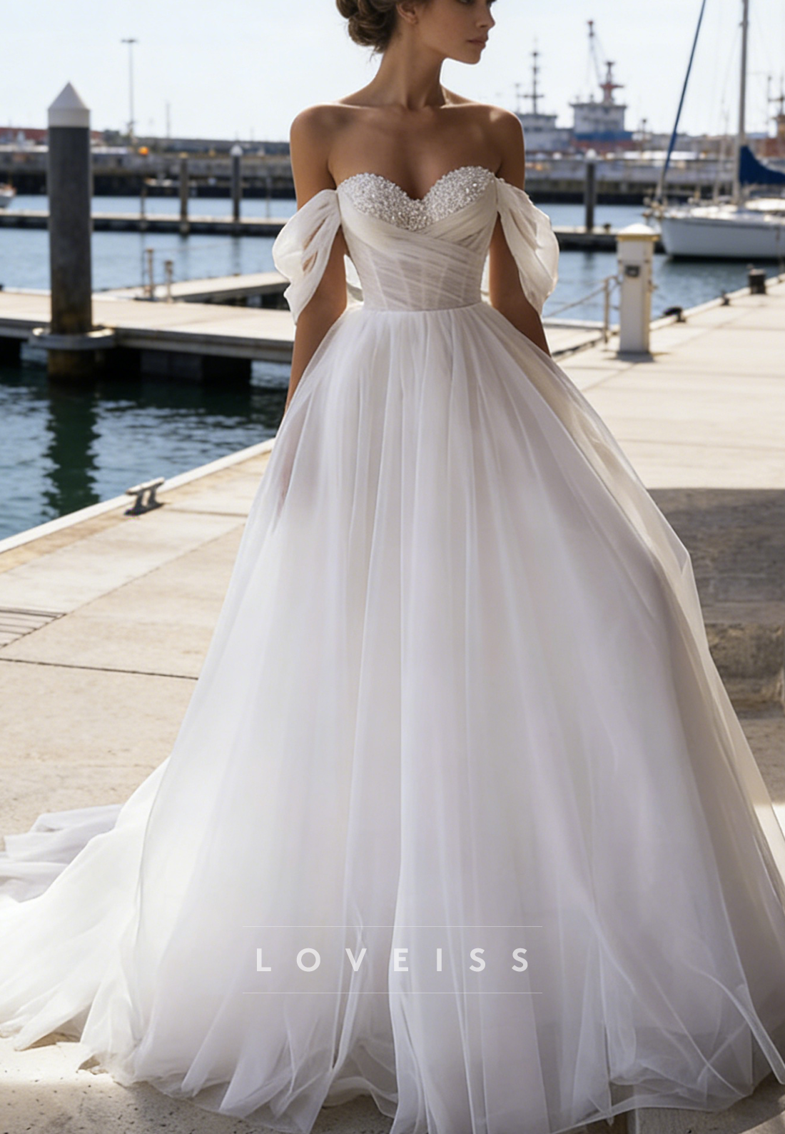Sweetheart Tulle Pearl Pleated A-Line Wedding Dress