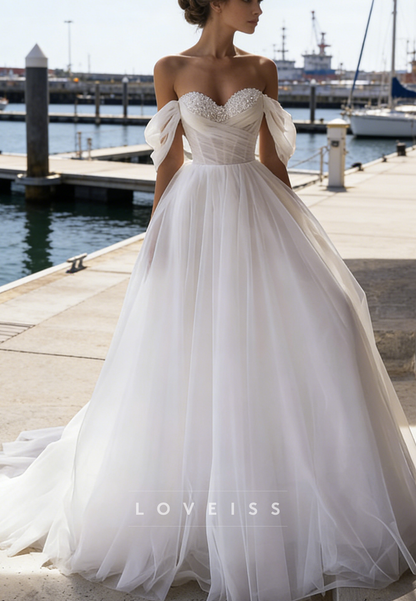 Sweetheart Tulle Pearl Pleated A-Line Wedding Dress