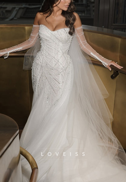 Sweetheart Tulle Pleated Pearl Mermaid Wedding Dress