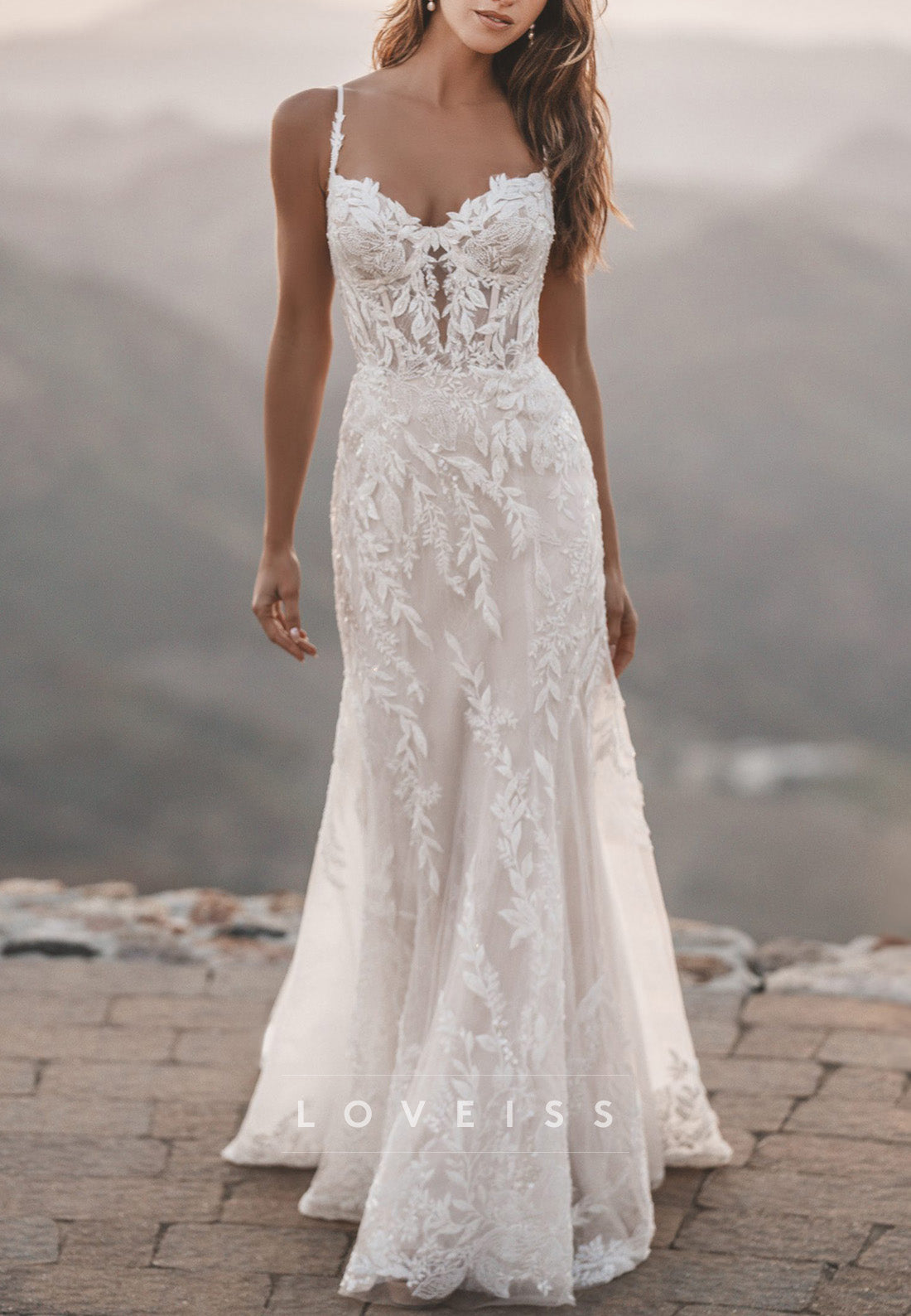 Spaghetti Straps Romantic Lace Wedding Dress with Train – Loveiss