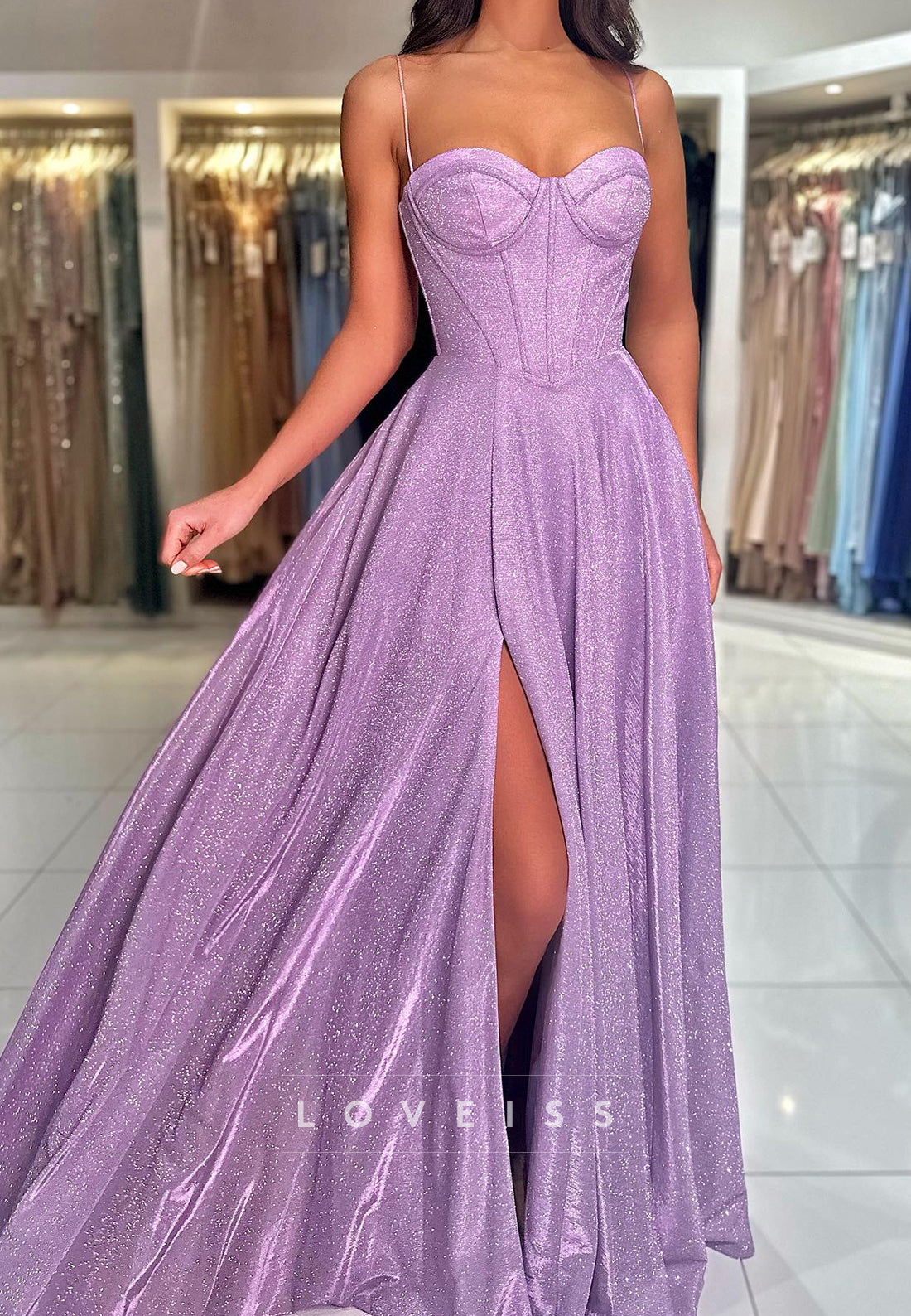 Sweetheart Spaghetti Straps Sparkly A-Line Prom Dress