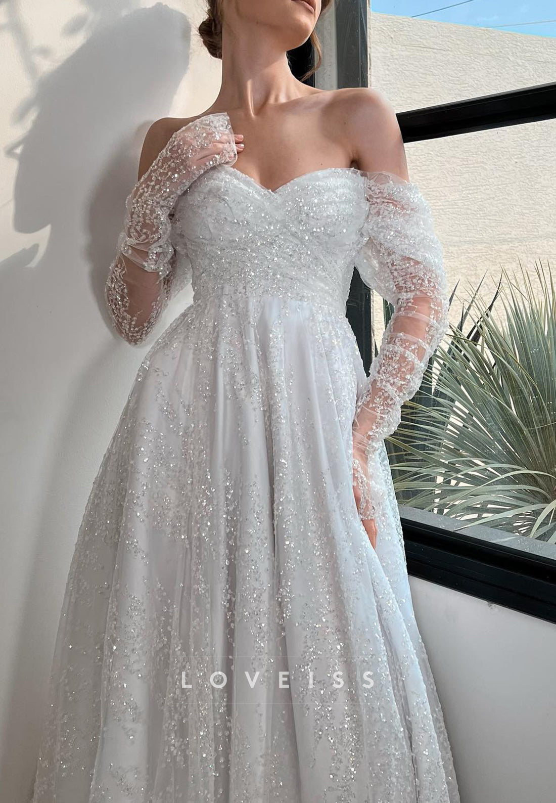 Sweetheart Long Sleeves Beaded Embroidery A-Line Wedding Dress