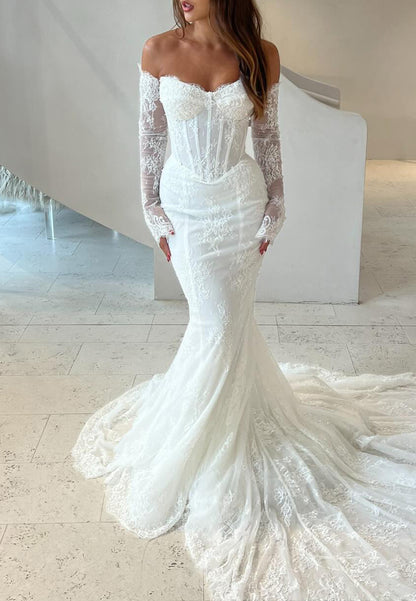 Swetheart Long Sleeves Lace Appliques Mermaid Wedding Dress
