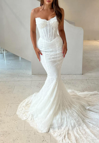 Swetheart Long Sleeves Lace Appliques Mermaid Wedding Dress