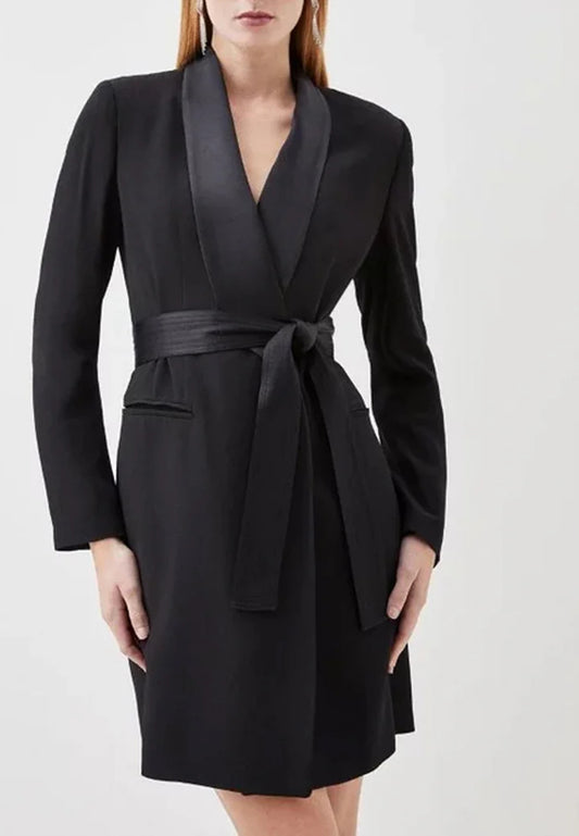 Tailored Black Wrap Mini Blazer Short Work Dress