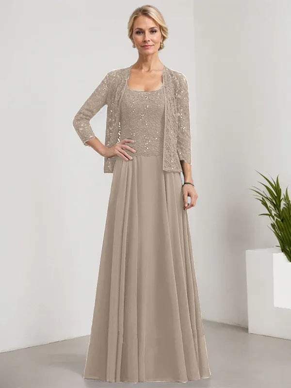 A-line Square Floor-Length Lace Chiffon Mother of the Bride Dress With Sequins