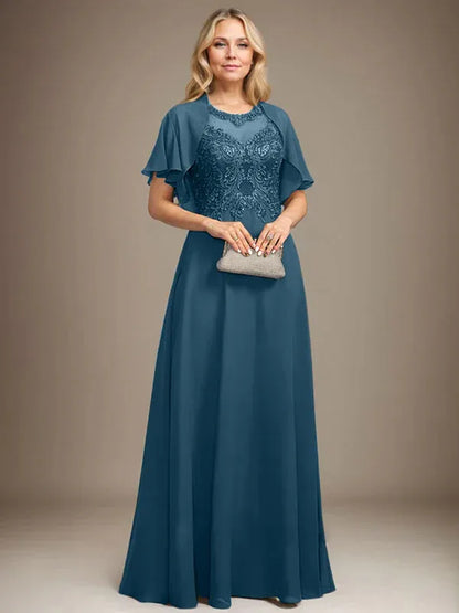 A-line Scoop Illusion Floor-Length Lace Chiffon Mother of the Bride Dress With Sequins