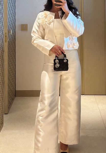 Three Pieces Long Sleeves Floral Embellished Satin Jumpsuit