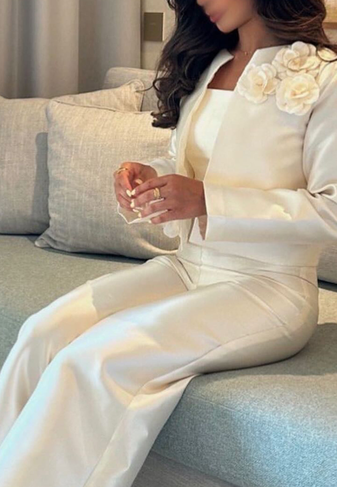 Three Pieces Long Sleeves Floral Embellished Satin Jumpsuit