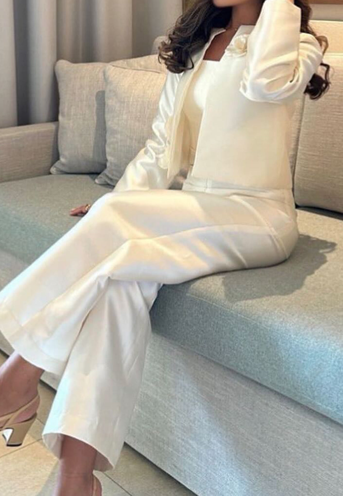 Three Pieces Long Sleeves Floral Embellished Satin Jumpsuit