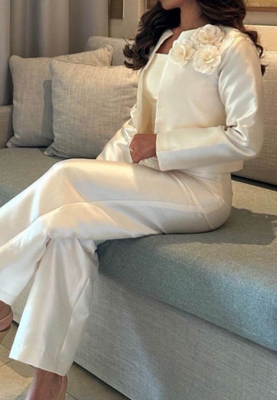 Three Pieces Long Sleeves Floral Embellished Satin Jumpsuit