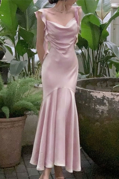 Trendy Mermaid Spaghetti Straps Light Pink Long Prom Dress with Ruffles