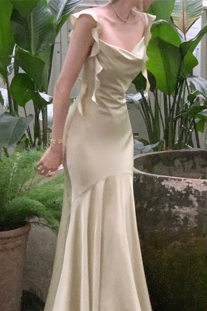 Trendy Mermaid Spaghetti Straps Light Pink Long Prom Dress with Ruffles