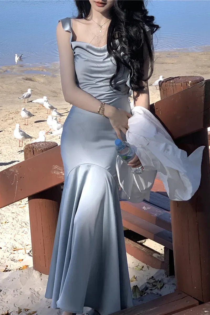 Trendy Mermaid Spaghetti Straps Light Pink Long Prom Dress with Ruffles