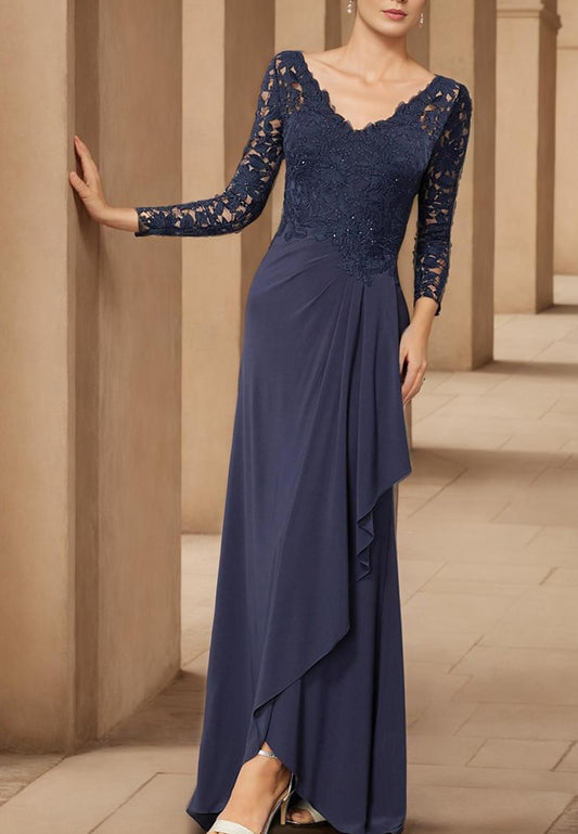 V-Neck Long Sleeves Lace Appliques Ruched Sheath Mother of Bride Dress