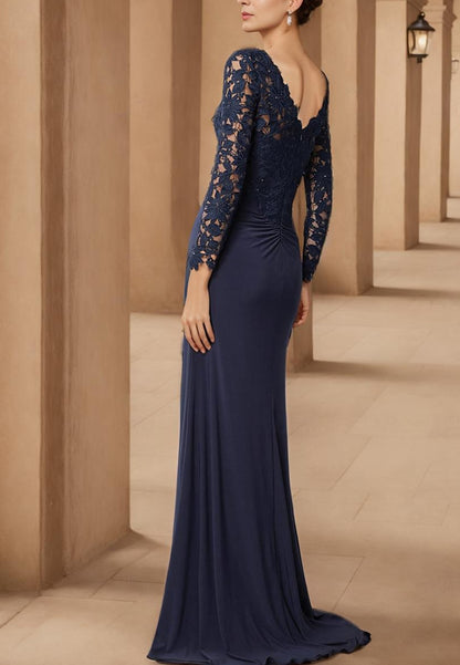 V-Neck Long Sleeves Lace Appliques Ruched Sheath Mother of Bride Dress