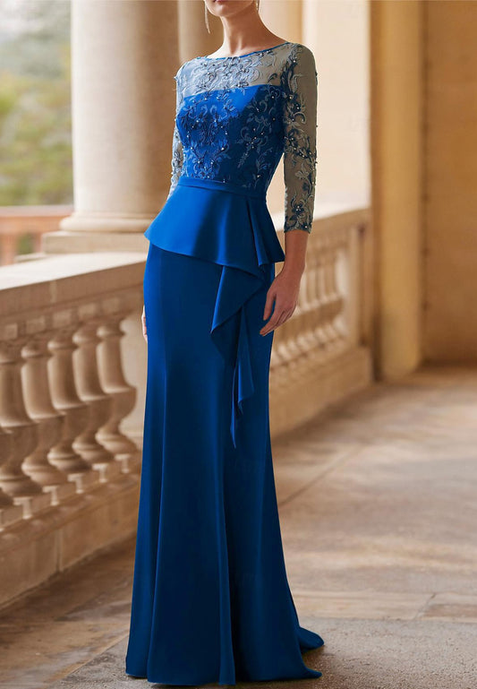 Scoop Long Sleeves Lace Appliques Ruffled Sheath Mother of Bride Dress